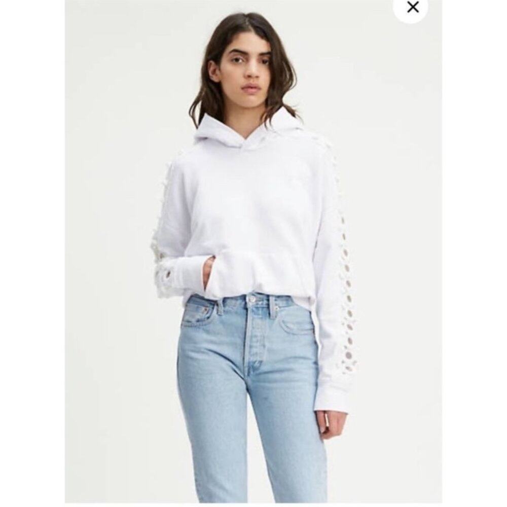 Levi's Hoodie Womens Large White Made Crafted Crochet Kangaroo Pockets Pullover